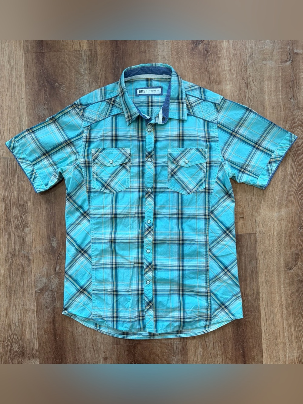 BKE Pearl Snap Shirt Mens Medium Teal Plaid Western Short Sleeve Cowboy Rodeo